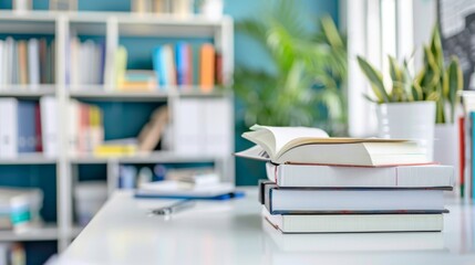 Cropped shot of white table with books, stationery and copy space in blurred study room