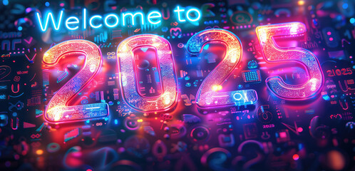 Isometric number shape of "Welcome to 2025" in neon light tube, Pure black background. Generative AI.