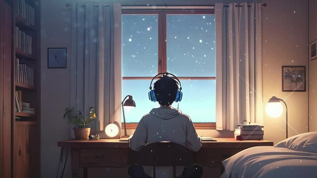 Lofi Music Background: Anime Boy Listening with Headphones