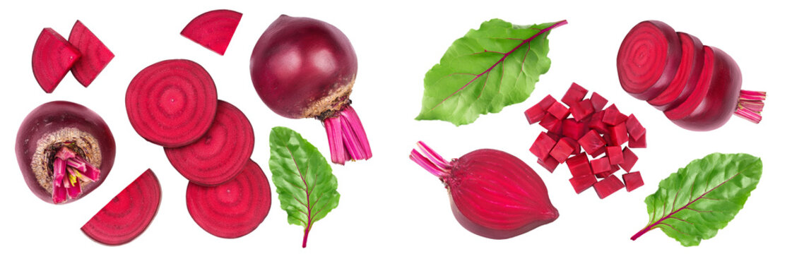beetroot slices isolated on white background with full depth of field. Top view. Flat lay