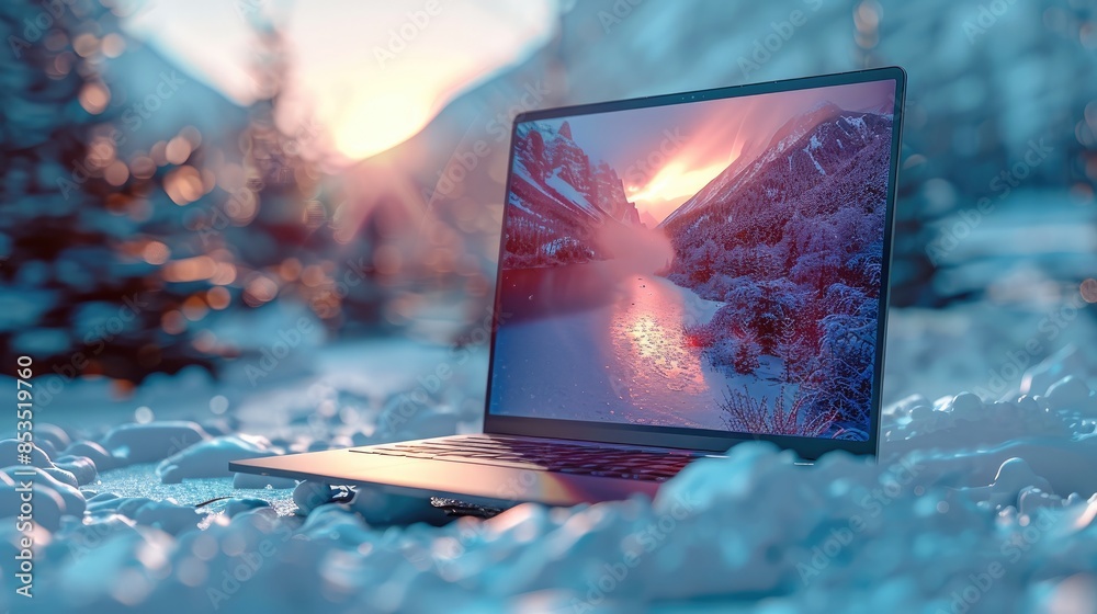 Poster mockup empty, blank laptop display screen, on snow. generative ai.