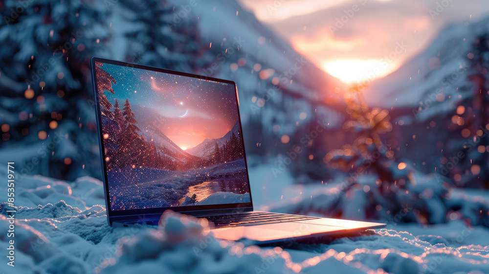 Poster mockup empty, blank laptop display screen, on snow. generative ai.
