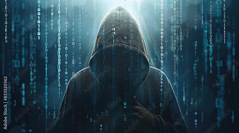 Poster A shadowy figure in a hoodie, representing a hacker, standing against a backdrop of binary code. The image conveys themes of cybersecurity threats, hacking, and digital crime. Generative AI.