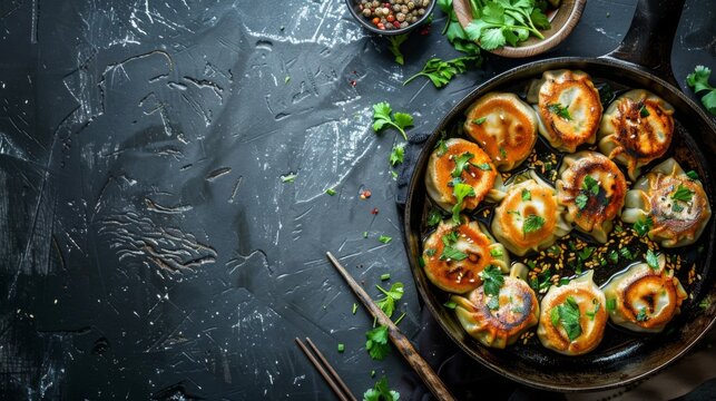 Delicious gedza dumplings in a pan with soy sauce. On dark rustic background