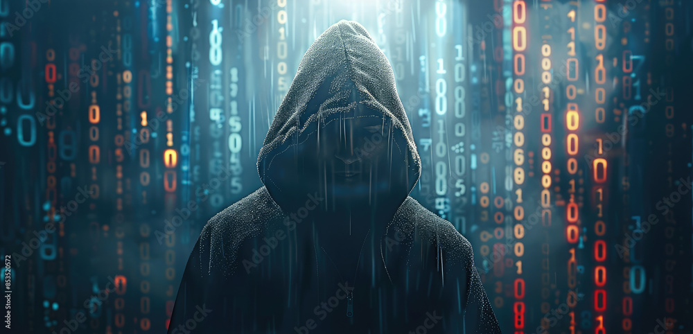 Poster A shadowy figure in a hoodie, representing a hacker, standing against a backdrop of binary code. The image conveys themes of cybersecurity threats, hacking, and digital crime. Generative AI.