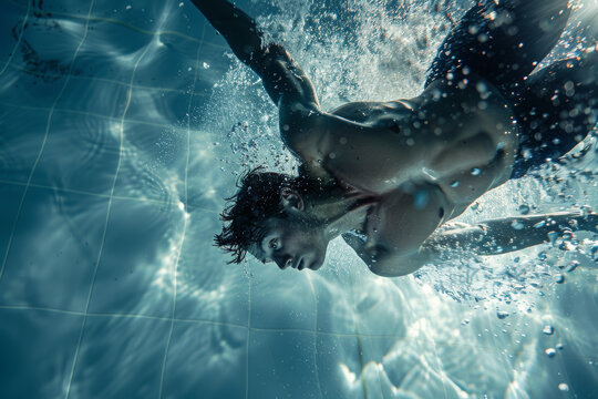 Low angle and close-up view, underwater photography, a young man is diving into a pool with his eyes open,  with blue water, bubbles around his body...