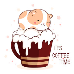Lovely little cat in cup. Square card with cute animal in cup in kawaii style. Inscription It's coffee time. Can be used for t-shirt print, stickers, greeting card design. Vector illustration EPS8