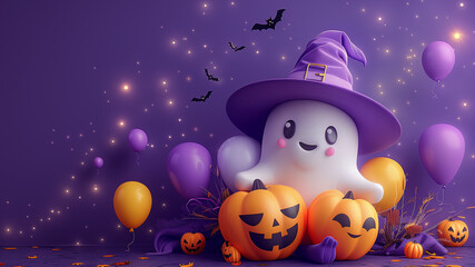 Adorable Halloween ghosts with pumkins and balloons, creating a festive and whimsical scene.