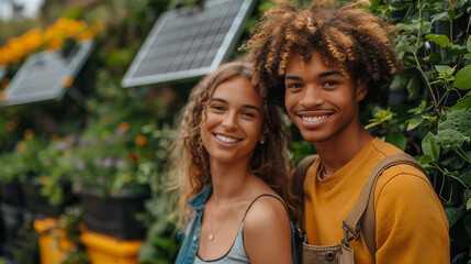 A diverse LGBTQ+ couple standing together in a lush, green park, surrounded by eco-friendly elements like solar panels and recycling bins in the background