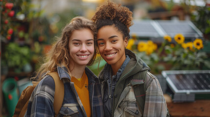 A diverse LGBTQ+ couple stands in a lush green park, with eco-friendly elements like solar panels and recycling bins in the background