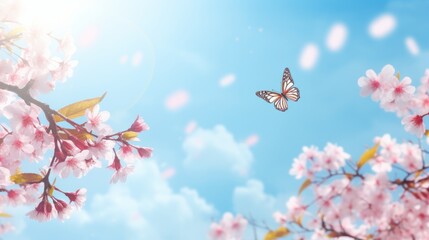 Pink sakura flowers in sunlight. Branches of blossoming cherry against background of blue sky and fluttering butterflies in spring. Elegant romantic image of spring nature, copy space.