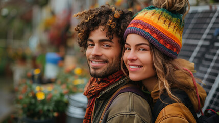 In a lush green park, a diverse LGBTQ+ couple stands together, with eco-friendly features such as solar panels and recycling bins in the background