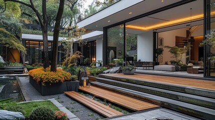 Obraz premium A modern courtyard garden with white walls and a black metal fence, featuring green plants, wood deck steps, creating a comfortable atmosphere for leisure activities. Generative AI.