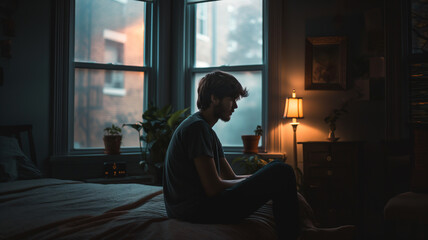 Gloomy teen on bedside, representing youth depression