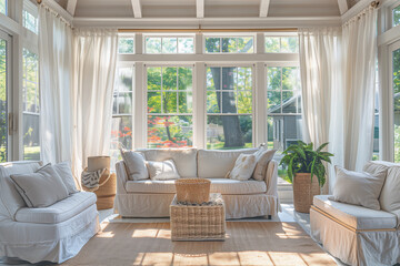 Fototapeta premium Airy Sunroom with Minimalist Design Featuring Simple Decorative Objects, Muted Earth Tones, and Gentle Evening Light Creating a Calming Atmosphere Enhanced by Sheer Fabrics.