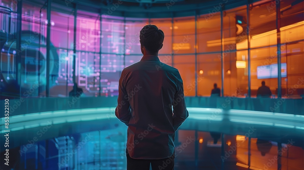 Aufkleber A presenter presents a show in front of a rounded glass wall where is a reflection of a situation awareness system used in monitoring. Generative AI.