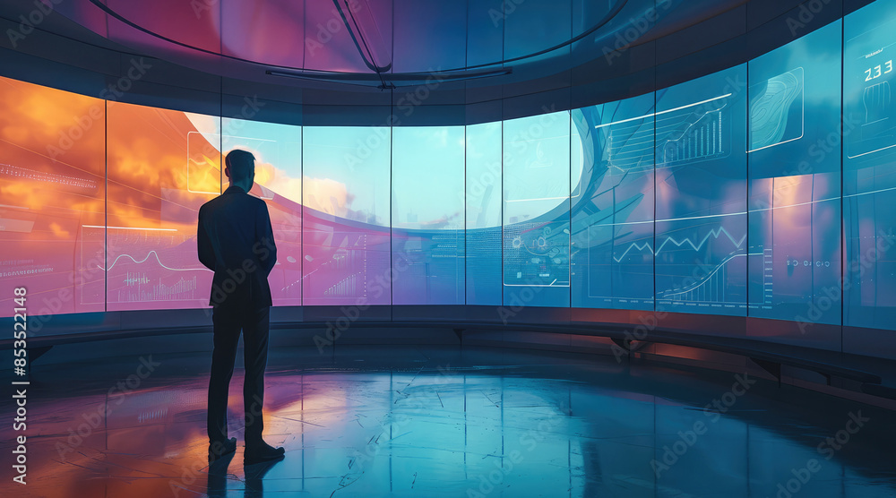 Poster a presenter presents a show in front of a rounded glass wall where is a reflection of a situation aw
