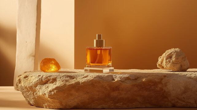 Mockup of Small Pefume Bottle with Orange Liquid Placed on Rock
