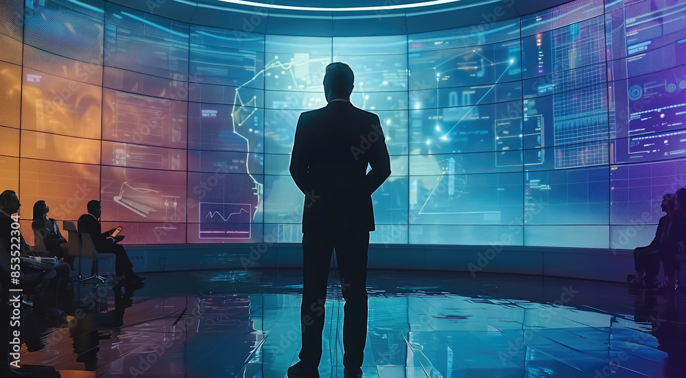 Poster A presenter presents a show in front of a rounded glass wall where is a reflection of a situation awareness system used in monitoring. Generative AI.