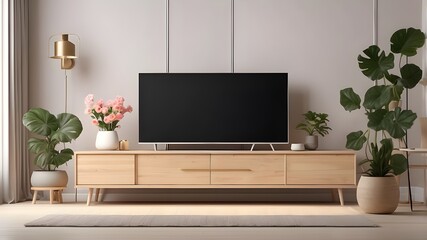 living room interior mockup. TV cabinet or place item in contemporary living room with table, light, flower, and plant. Generative AI.