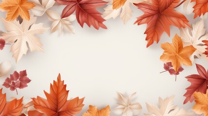 Beautiful fallthemed composition with colorful autumn leaves on a light beige background.