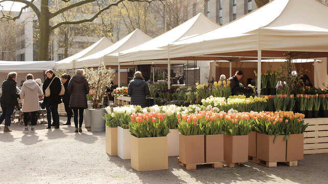 Busy flower booth packed with visitors at event