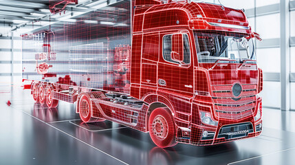 Red x-ray front truck electric system, cables and all connectivity in red, wireframe view, white background, bright atmosphere. Generative AI.