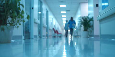 Healthcare Team Supportive blurred background image of a healthcare team in a hospital corridor, engaged in discussion with a patient