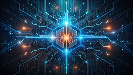 Obraz premium An abstract design of a digital circuit board with glowing lines and nodes.