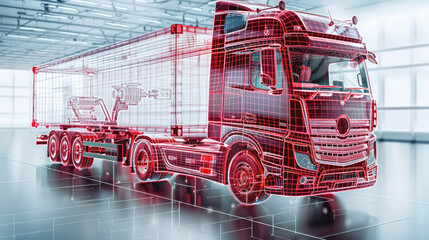 Red x-ray front truck electric system, cables and all connectivity in red, wireframe view, white background, bright atmosphere. Generative AI.