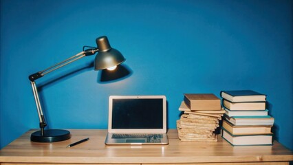 An organized study desk with a laptop, textbooks, and a desk lamp, with a tidy room in the background.