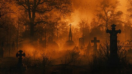 Eerie Halloween landscape, graveyard with mist, black and orange hues, detailed and atmospheric, spooky elements