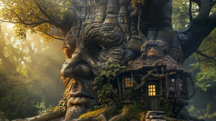 Enormous enchanted tree with a face and mouth, fantasy setting, detailed house built into it, ethereal and mystical atmosphere