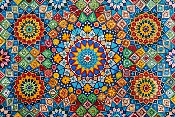 Colorful Geometric Mosaic with Floral and Star Patterns