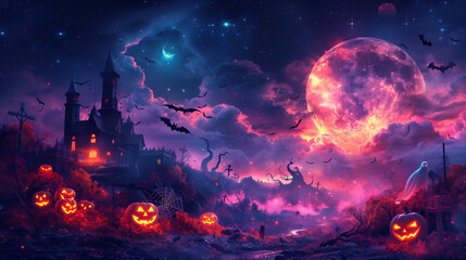 Obraz premium A vibrant Halloween scene featuring a full moon, bats, pumpkin, a ghost, and a haunted castle under a colorful sky.