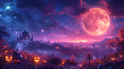 Fototapeta premium A vibrant Halloween scene featuring a full moon, bats, pumpkin, a ghost, and a haunted castle under a colorful sky.