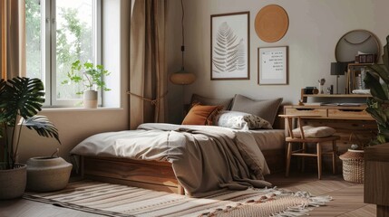 Real photo of teenager' bedroom interior with dark brown and light white color theme. Minimalist interior. 3D rendering