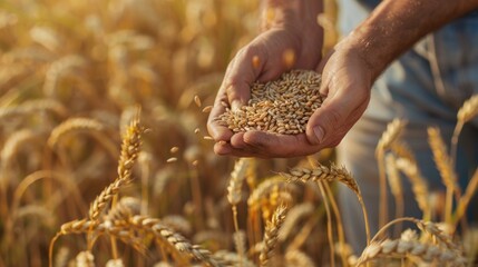 man pours wheat from hand to hand on the background of wheat field