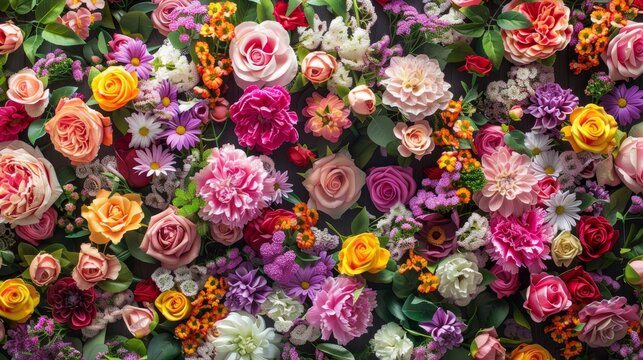 Fresh blooming flowers on the wall, bright roses, carnations, orchids, colorful group pattern, vibrant and intricate design