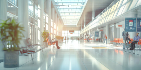 Hospital Lobby Modern blurred background image of a hospital lobby with comfortable seating, informational posters