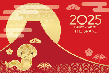 2025, Year Of The Snake, New Year Greeting Card Vector Template With A Snake Mascot, Mt. Fuji, And The Rising Sun Decorated With Vintage Japanese Patterns.