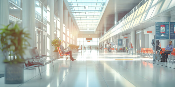 Hospital Lobby Modern blurred background image of a hospital lobby with comfortable seating, informational posters