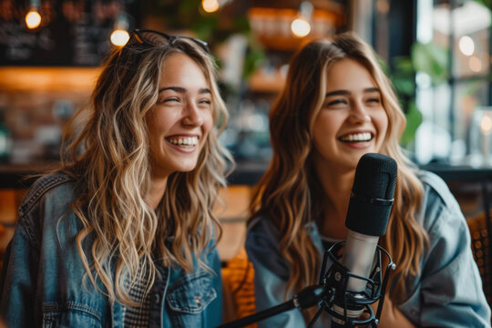 Two women enjoying a lively podcast session with laughter and joy in a cozy, well-lit setting. The image captures a moment of friendship and creativity.