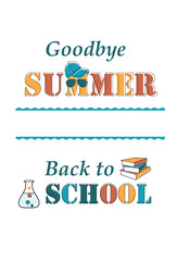 Goodbye summer- back to school background template with school and summer vacation accessories in teal -blue-yellow colors . Flat lay free copy space.