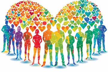 Obraz premium An abstract illustration of a diverse group of people connected by colorful hearts, symbolizing community, unity, and love. The vibrant graphic highlights teamwork, inclusion, and social connection.