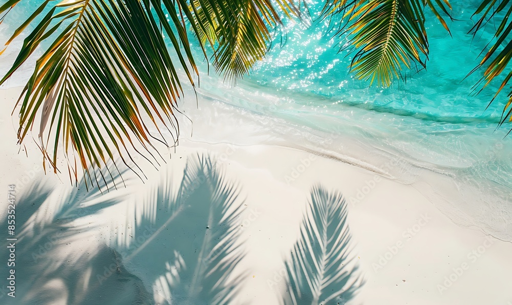 Poster abstract tropical shadows: palm leaves on white sand beach, top view of water and shadows, summer va