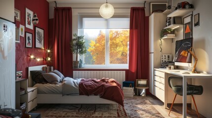 Real photo of teenager' bedroom interior with dark red and light white color theme. Minimalist interior. 3D rendering