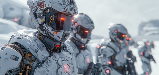 Fototapeta premium A group of soldiers wearing high-tech exoskeleton armor. Generative AI.