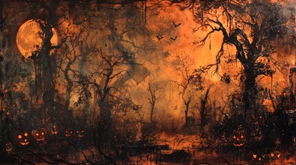 Halloween-themed backdrop, creepy forest scene, orange and black tones, ghosts and ghouls, eerie and detailed