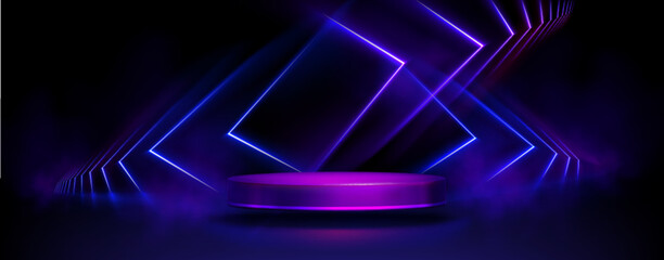 Cylinder flying podium with neon glowing abstract geometric shapes on wall and smoke clouds. Realistic 3d vector illustration of purple and blue luminous hi tech product platform on dark background.